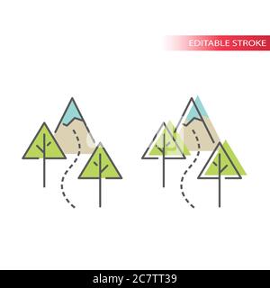 Hiking trail with trees and mountain vector icon. Outdoor hiking in nature outline symbol, editable stroke and colorful fill. Stock Vector