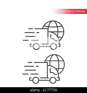 Truck or lorry with speed marks and a globe. International shipping, fast delivery service line vector icon. Outline, editable stroke. Stock Vector