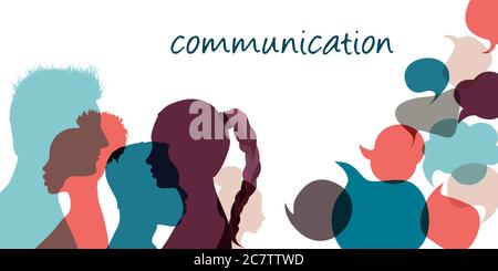 Silhouette heads multiethnic people in profile talking and communicating.Communication text. Speech bubble.Communicate and share ideas and information Stock Vector