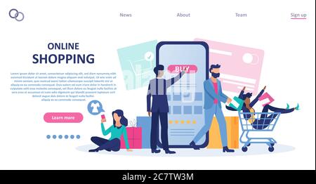 Vector of happy customers using mobile phone app shopping online Stock Vector