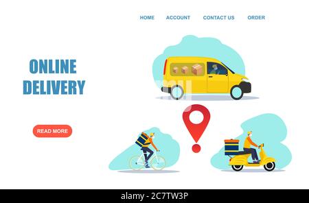 Online delivery service concept. Vector of a truck, scooter and bicycle courier, delivery men wearing face mask Stock Vector