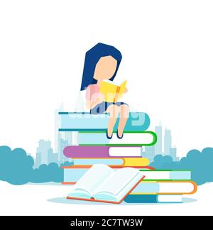 Vector of a little girl sitting on a pile of books and reading Stock Vector