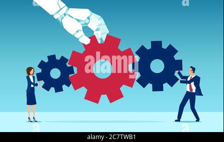 Vector of a robot connecting business man and businesswoman with a red gear Stock Vector