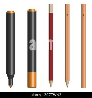 Set of different text markers and pencils, with and without a cup. Isolated on white background, vector illustration. Stock Vector