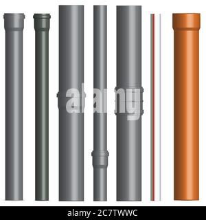 Set of various plastic pipes for sewage, water pipe with connecting flanges isolated on a white background. Front view, vector illustration. Stock Vector