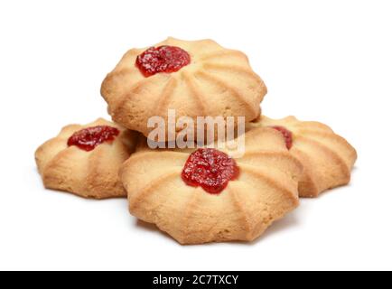 Heap of fresh shortbread cookies isolated on white. Front view, horizontal. Stock Photo