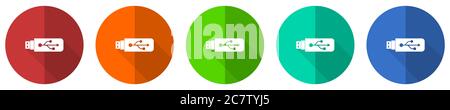 Usb icon set, red, blue, green and orange flat design web buttons isolated on white background, vector illustration Stock Vector