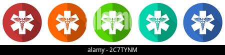 Emergency icon set, red, blue, green and orange flat design web buttons isolated on white background, vector illustration Stock Vector