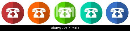 Emergency call icon set, phone, red, blue, green and orange flat design web buttons isolated on white background, vector illustration Stock Vector