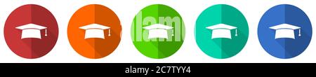Graduation icon set, cap, education, red, blue, green and orange flat design web buttons isolated on white background, vector illustration Stock Vector