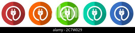 Plug power icon set, red, blue, green and orange flat design web buttons isolated on white background, vector illustration Stock Vector