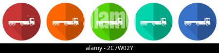 Truck with long semi trailer icon set, transport, red, blue, green and orange flat design web buttons isolated on white background, vector illustratio Stock Vector