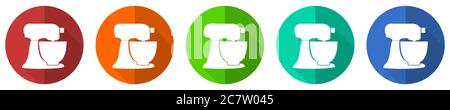 Planetary mixer, kitchen equipment icon set, red, blue, green and orange flat design web buttons isolated on white background, vector illustration Stock Vector