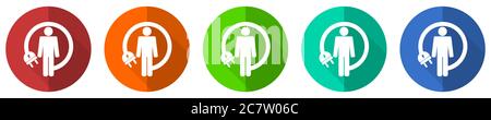 Android charging wire icon set, humanoid robot, red, blue, green and orange flat design web buttons isolated on white background, vector illustration Stock Vector