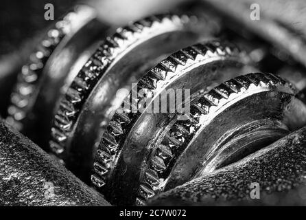 Crescent wrench spanner gear in close up macro photography Stock Photo