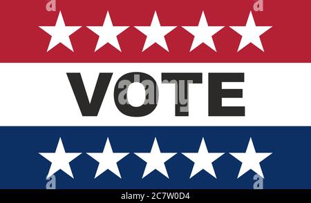 USA elections, VOTE text message on american flag colors with patriotic stars background. Vote on US of America election day concept. Stock Photo