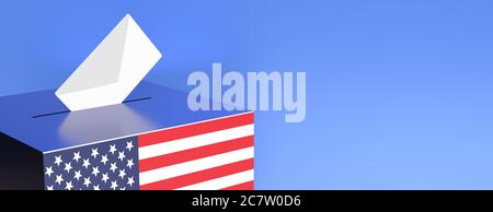 USA election day, vote concept. White envelope in ballot box slot. America flag colors container with patriotic stars against blue background, banner, Stock Photo