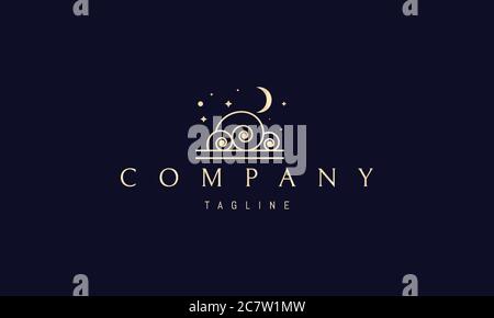 Vector golden logo on which an abstract image of clouds in a linear style and the moon with stars. Stock Vector