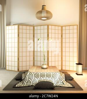 Japanese partition paper wooden design on living room tatami floor 