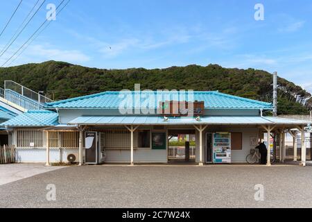 chiba, japan - july 18 2020: Local Hama-Kanaya railway train Station of Kanaya Village in Futtsu city along the Tokyo bay in the Chiba prefecture of j Stock Photo