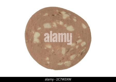 Thinly sliced Ham, sausage with bacon isolated on white background. Stock Photo