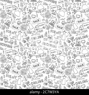 Online shopping seamless pattern. Hand drawn e-commerce objects isolated on white background. Vector illustration. Stock Vector