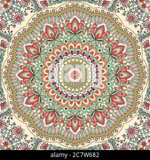 Seamless colorful floral hand drawn pattern with mandala. Circle ornament in retro colors. Traditional Oriental pattern, vector illustration. Stock Vector