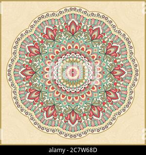 Seamless colorful floral hand drawn pattern with mandala. Circle ornament in retro colors. Traditional Oriental pattern, vector illustration. Stock Vector