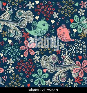 seamless colorful floral pattern in doodle style with flowers and birds Stock Vector