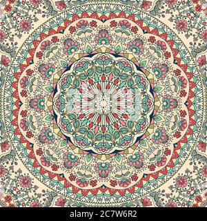 Seamless colorful floral hand drawn pattern with mandala. Circle ornament in retro colors. Traditional Oriental pattern, vector illustration. Stock Vector
