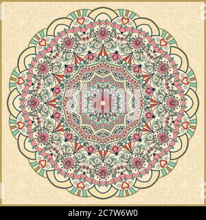 Seamless colorful floral hand drawn pattern with mandala. Circle ornament in retro colors. Traditional Oriental pattern, vector illustration. Stock Vector