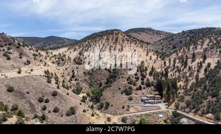 Drone photo over traffic going up mountain roads on Geiger grade near Virginia City Stock Photo