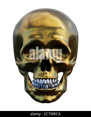 human golden skull isolated on white, front view, 3d render