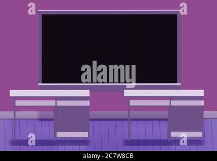 Empty black chalkboard hang on the purple wall, empty school room, the end of school year. Image for copy space, bill board wood frame for add text. 3 Stock Photo