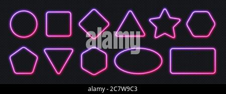 Neon gradient frames set, collection of violet-pink glowing borders isolated on a dark background. Stock Vector