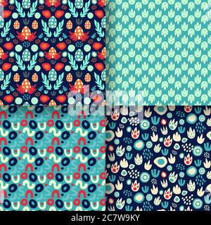 Set of seamless patterns with dinosaur eggs, footprints, abstract textures with blue and red neon. Stock Vector