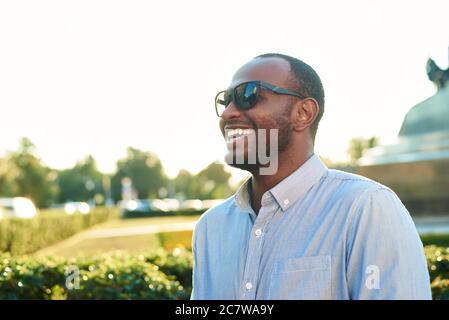 Portrait of an African American businessman. Happy smiling man outdoors . Stock Photo