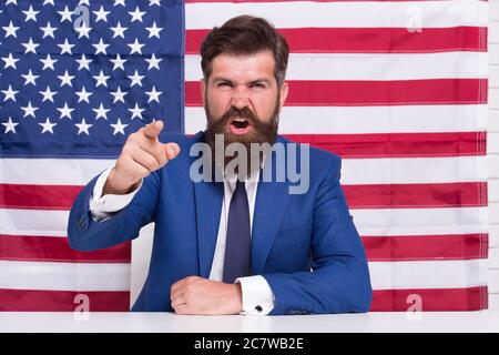 Every vote matters. National holidays. Celebration of victory. Bearded hipster man being patriotic for usa. American reform. July 4. American citizen usa flag. American citizen. Elections and debates. Stock Photo