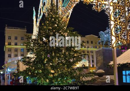 New Year and Christmas lighting decoration.  Christmas tree on the Tverskaya Square in Moscow night Stock Photo