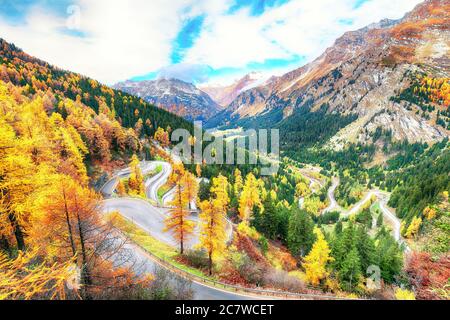 Stunning view of Maloja pass road at autumn time. Colorful autumn scene ...