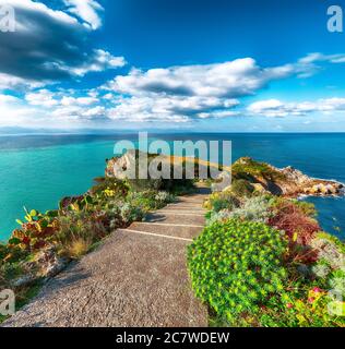 Dramatic spring view on the the cape Milazzo panorama of nature reserve Piscina di Venere.  Location: cape Milazzo,  Island Sicilia, Italy, Europe. Me Stock Photo