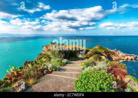 Dramatic spring view on the the cape Milazzo panorama of nature reserve Piscina di Venere.  Location: cape Milazzo,  Island Sicilia, Italy, Europe. Me Stock Photo