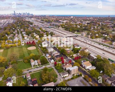 Aerial view above chicago, Illinois. With primary concentration on expressway and southside neighborhoods. Stock Photo