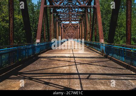 Saint Louis, MO--July 18, 2020; view of the deck of Chain of Rocks Bridge, former Route 66 crossing of the Mississippi River at Saint Louis that now s Stock Photo