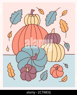 Beautiful autumn pumpkin composition, hand drawn, in pastel colors. Vector illustration Stock Vector
