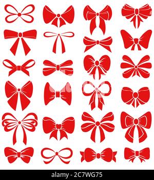 Set of graphical red decorative bows. Vector sillouettes. Cartoon vector yellow ribbons satin bows for xmas gifts, present cards and luxury wrap pack Stock Vector