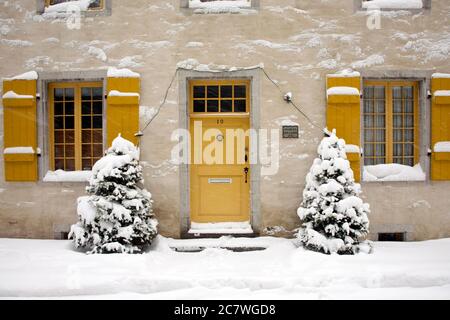 Building Front in Old Quebec on rue St. Pierre, Quebec City, Quebec, Canada Stock Photo