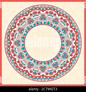 Wedding invitation or greeting card with colorful floral mandala Place for your text. Vintage decorative elements. Vector illustration. Stock Vector