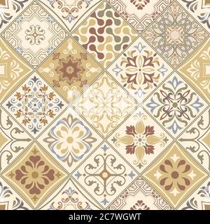 Seamless patchwork tile with Victorian motives in retro colors. Vector illustration. Stock Vector