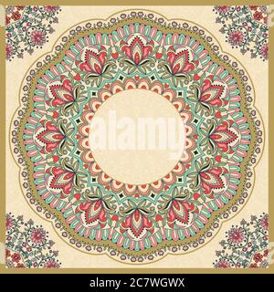 Seamless colorful floral hand drawn pattern with mandala. Round ornament in retro colors. Traditional Oriental pattern, vector illustration Stock Vector
